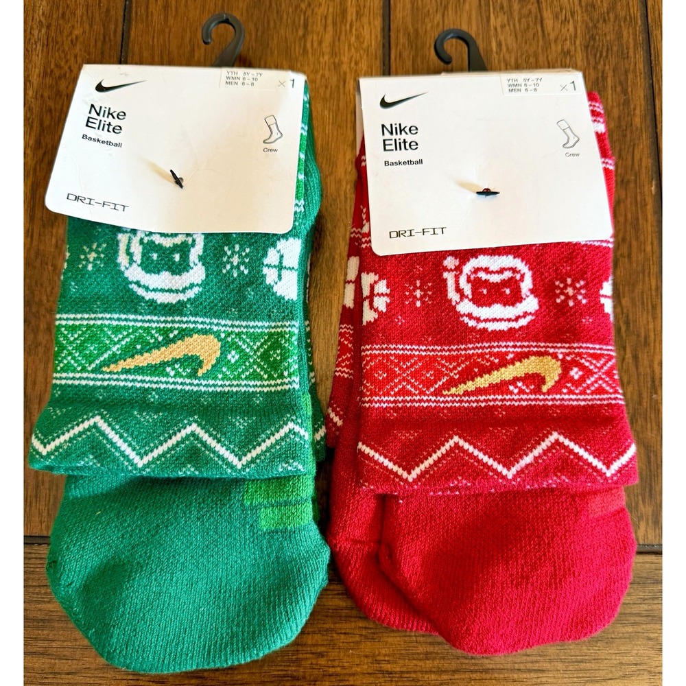 Nike Elite Dri-FIT Basketball Crew Socks Christmas Fair Isle Red Green M 2 Pair